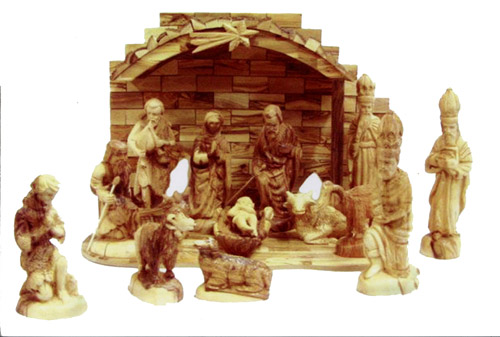 Olive Wood Nativity Set With Bark Stable. Crown Edition - 15 Piece Set